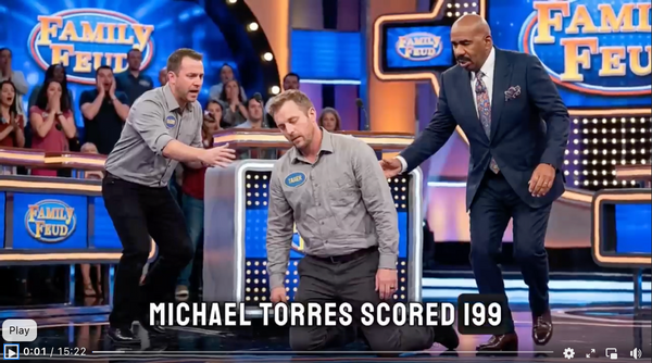 A still from a Facebook post sharing the false claim. The AI-generated image shows an exhausted looking man in a gray, button-up shirt kneeling as two men move toward him to help.
