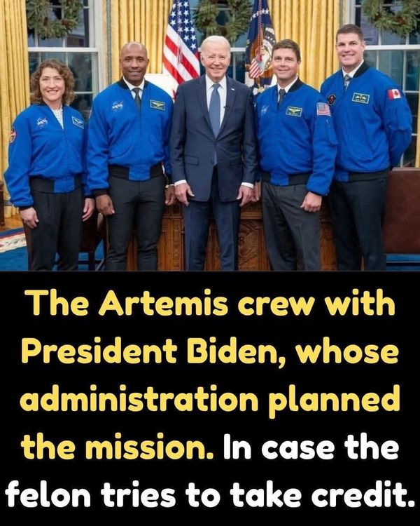 A meme shows a photo of Biden with the Artemis II astronauts and text claiming the former president planned the mission.