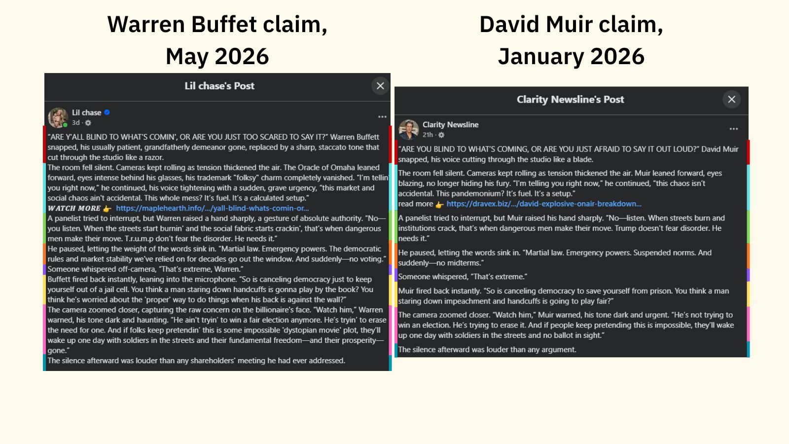 A post about Warren Buffett warning about martial law in May 2026 is side-by-side with a post about David Muir warning about martial law in January 2026. Each paragraph in the two posts are distinguished by different colored lines on the sides, with matching paragraphs using the same colors. Every single paragraph in either of the stories align with the other.