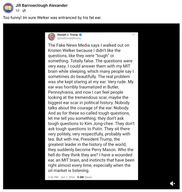A Facebook post purports to show an X post by U.S. President Donald Trump in which he says he walked out of an interview because the reporter kept staring at his scarred ear.