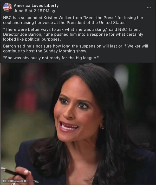 A Facebook post on the satirical America Loves Liberty page spreading the rumor that NBC suspended Kristen Welker.