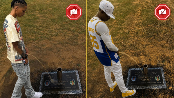 A split-screen image shows two fake images of Black men appearing to urinate on Austin Metcalf's grave.