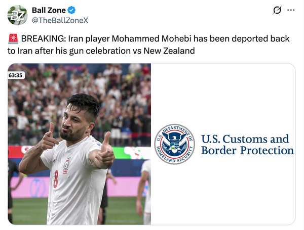 This image shows an AI-generated image of Iranian soccer player Mohammad Mohebi from the X account @TheBallZoneX with the caption: 
