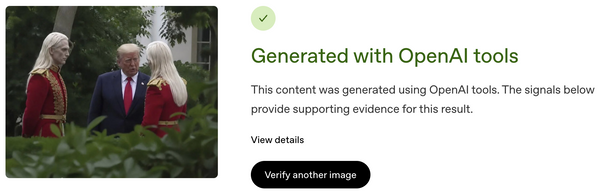 This image shows OpenAI verifying a circulated image purportedly showing Trump with alien figures, determining it was created using OpenAI tools.