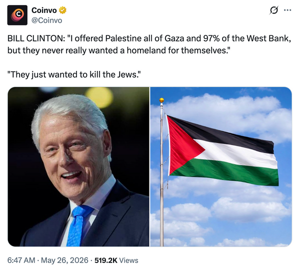 This image shows an image of former U.S. President Bill Clinton alongside an image of the Palestinian flag. The post text reads: