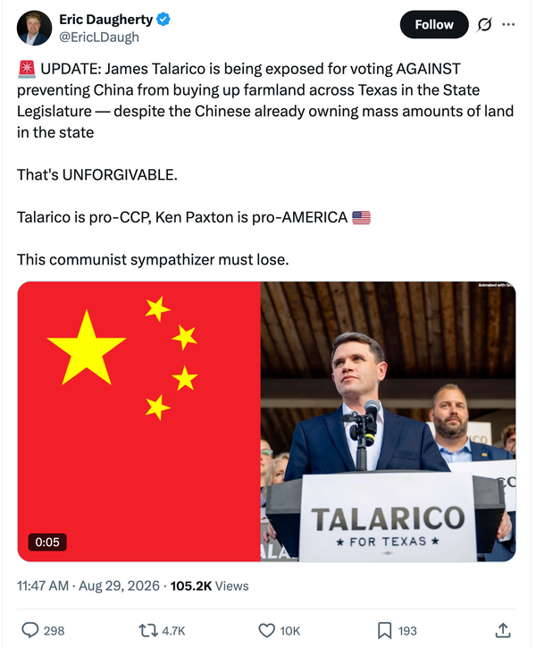 Rumors that U.S. Rep. James Talarico, D-TX, voted against a bill that would prevent the Chinese Communist Party from buying land in the state circulated on the internet in early September 2026.