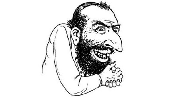 The image shows a man with thick black hair and beard and a kippah with a hooked nose, a humped back and a seemingly evil smile. He is rubbing his hands, as if he were plotting something