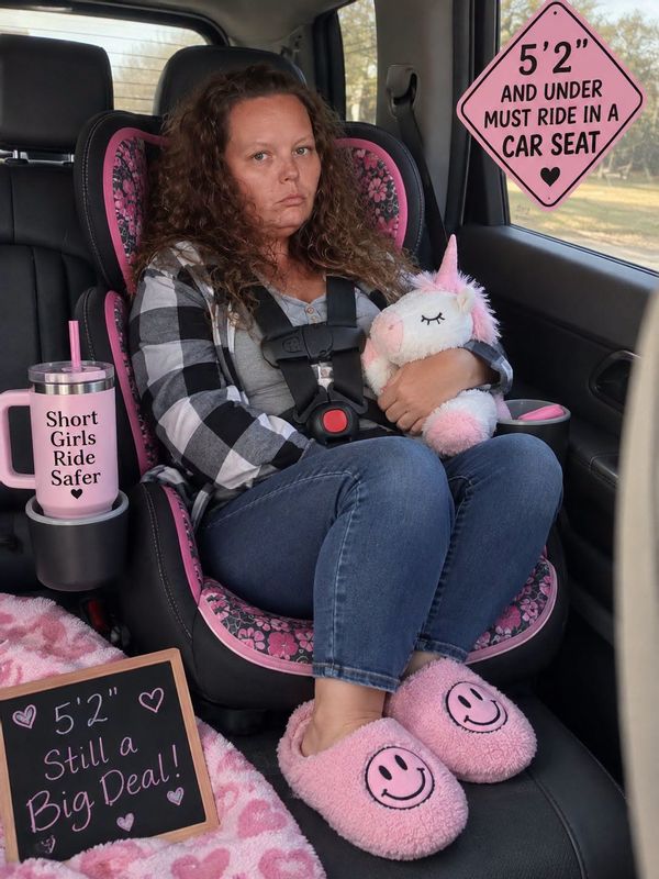 An AI-generated image of a middle-aged white woman sitting in a child's car seat. She is holding a stuffed unicorn and frowning.