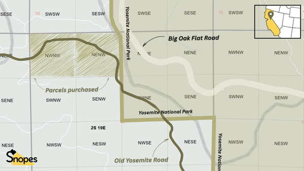 Gambar ini menunjukkan peta resmi pemerintahan tentang paket Sanctuary at Yosemite yang dibeli pada 2024, dengan Big Oak Flat Road, Old Yosemite Road dan Yosemite National Park disorot. Di pojok ada peta kecil California yang menunjukkan lokasi.