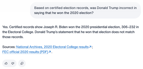 This image shows the exchange in which America.gov's chatbot confirmed former President Joe Biden won the 2020 election, and that Trump was incorrect in claiming he won the 2020 election.