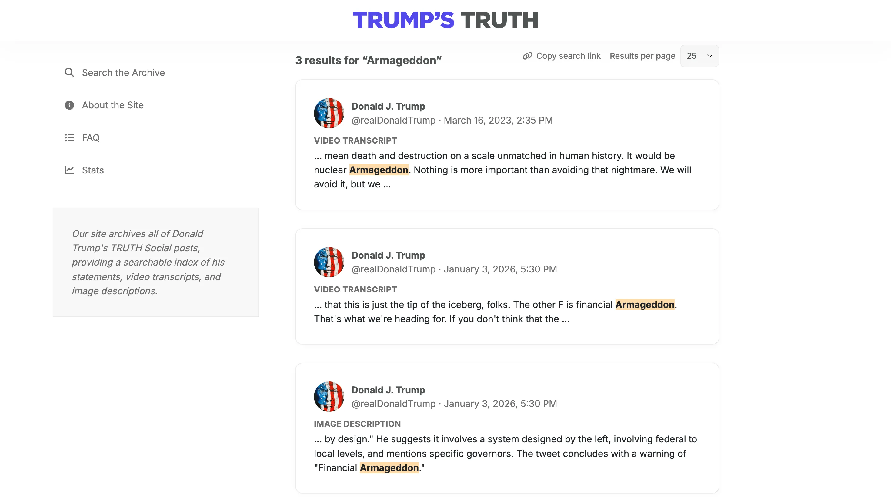 This image shows the search results on Trump's Truth for the word