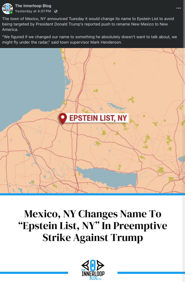 A screenshot of a Facebook post from the Innerloop Blog page. The page's image shows a map of Central New York and has a headline reading